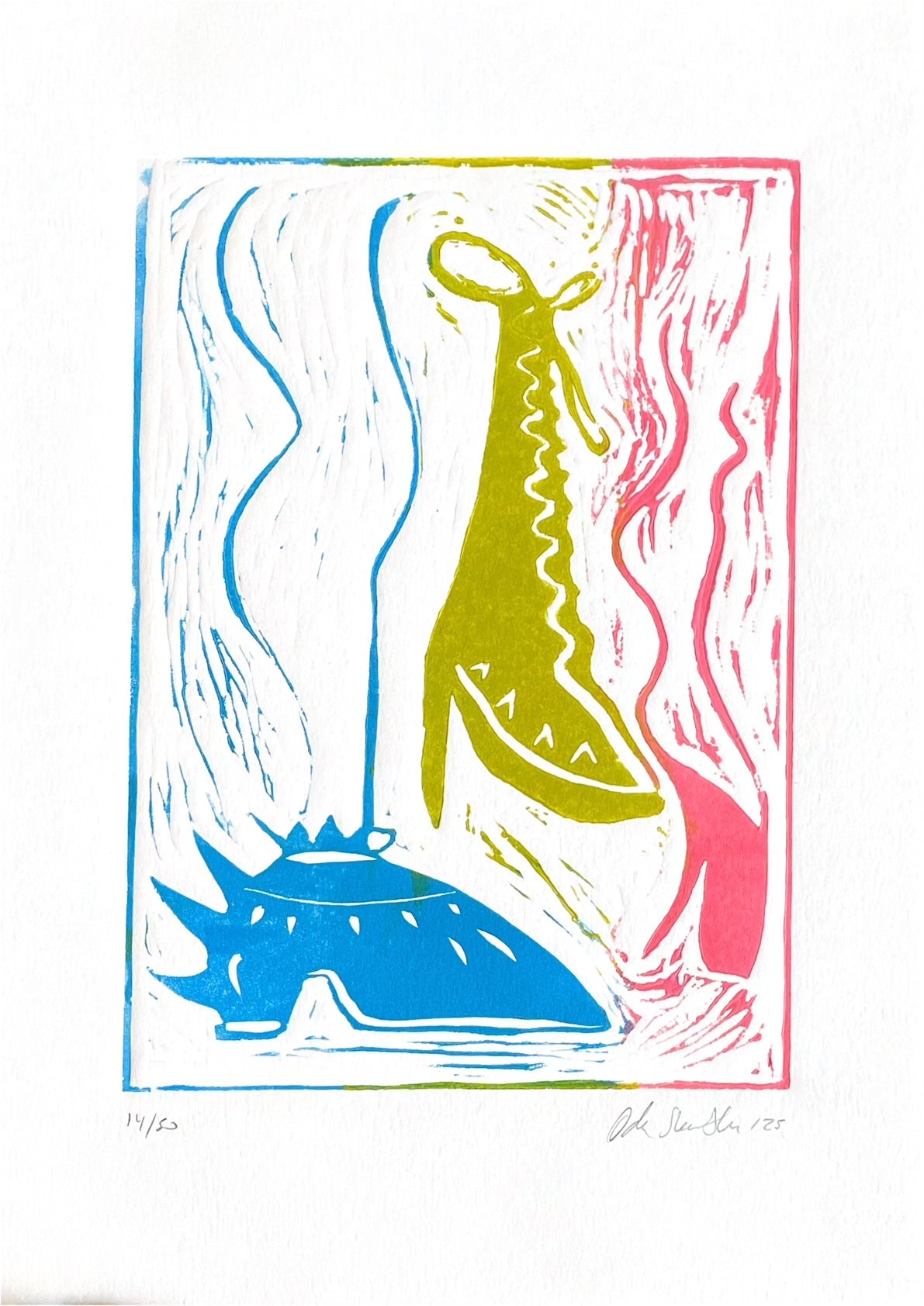 Bold linocut "Ain't No Basic Bitch" with tutti-frutti high heels in blue, pink and green-yellow