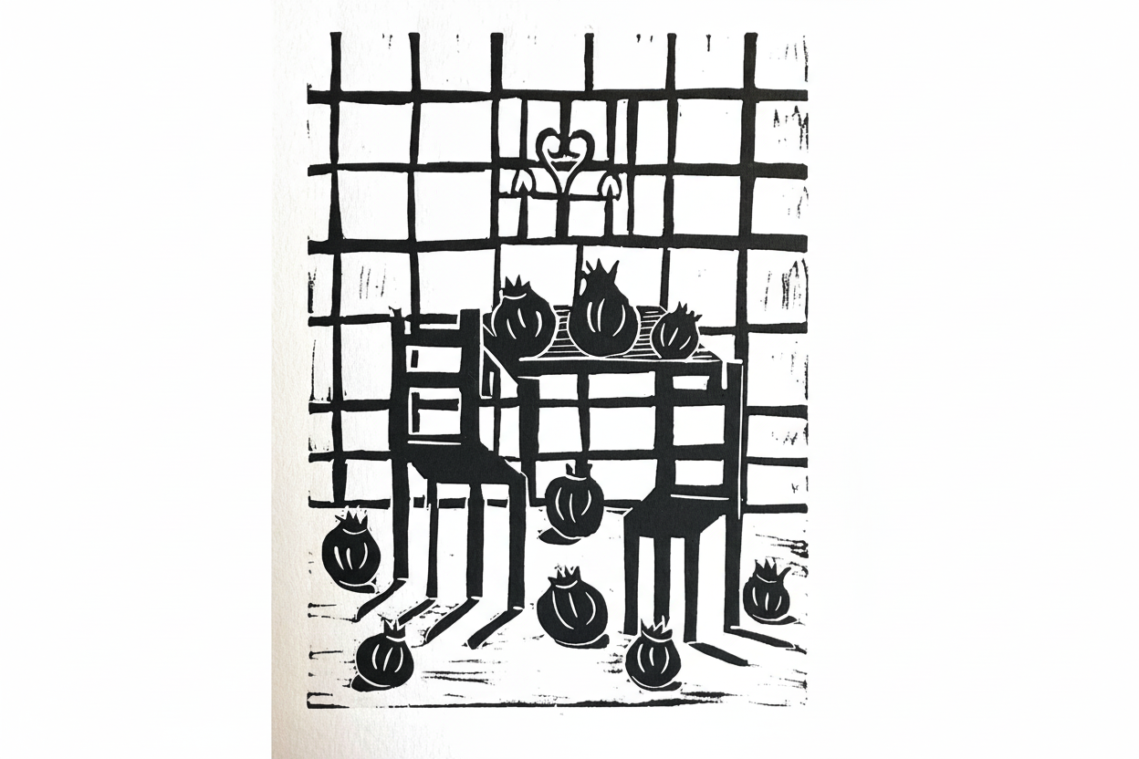 Still-life linocut "Granadas" with pomegranates on a kitchen table and chequered tiled wall, in black color.