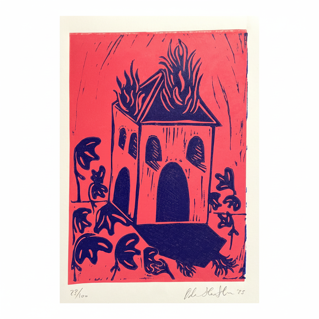 Two-colour pink and blue linocut "Burning House", a small house on fire in a naïve style