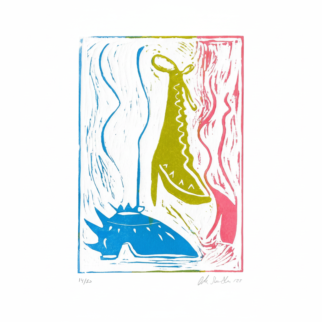 Colorful abstract art print with wavy lines and geometric shapes on a white background