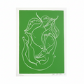 Green linocut "Lemon Gal", a fairy-like woman draped among lemons on a tree