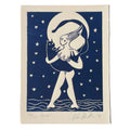 Illustration of a woman holding a cat under a moonlit sky with stars on a blue background