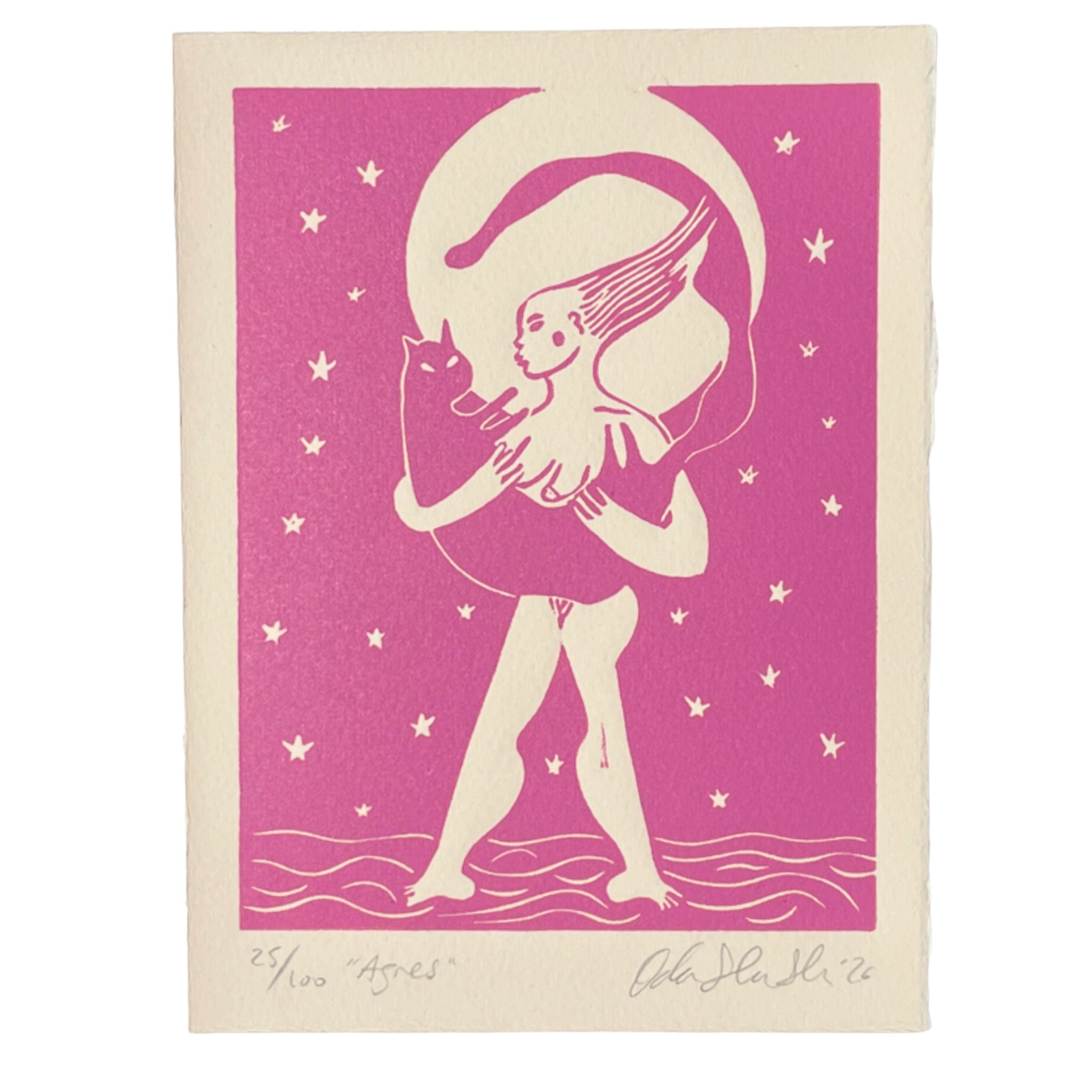 Illustration of a woman holding a cat against a pink background with stars and moon.