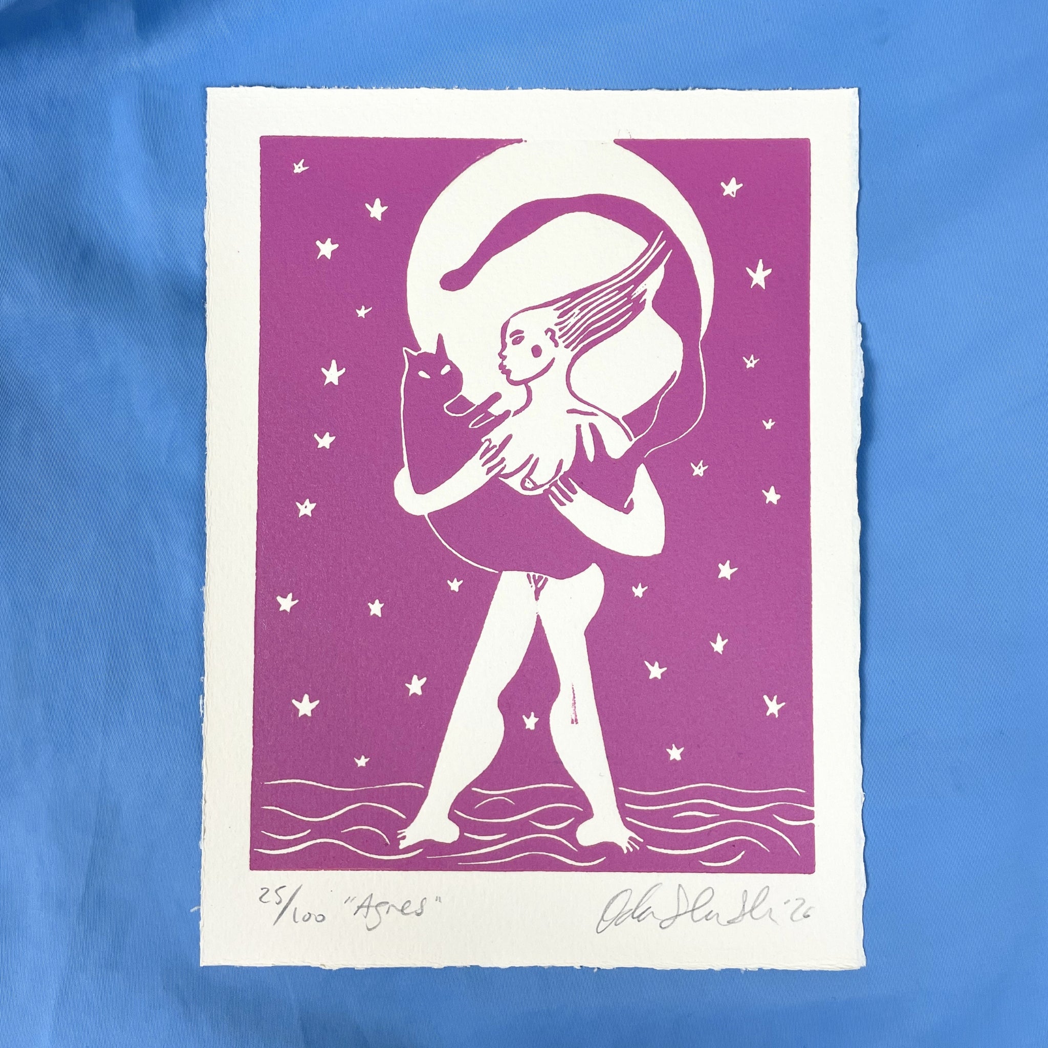 Illustration of a woman holding a cat on a pink background with stars, on a blue fabric background.
