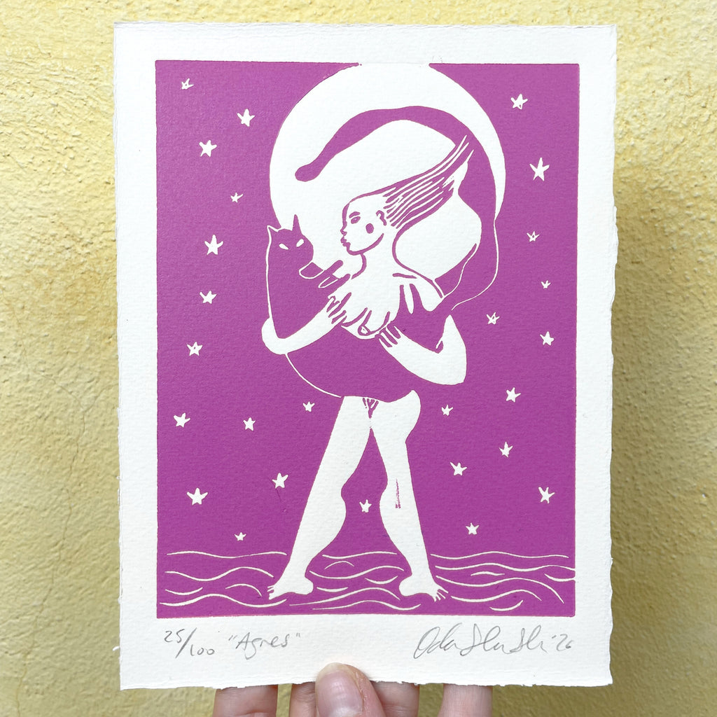 Pink figurative linocut "Agnes", a woman holding a cat with the moon behind them