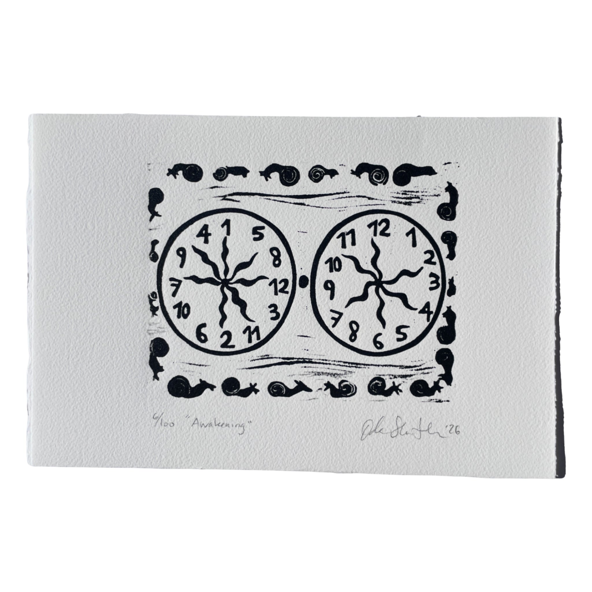 Black and white artwork of two clocks with decorative elements on a textured white background.