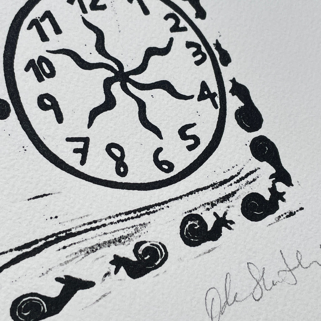 Black and white illustration of a clock with numbers and snail-like shapes around it.
