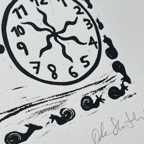 Black and white illustration of a clock with numbers and snail-like shapes around it.