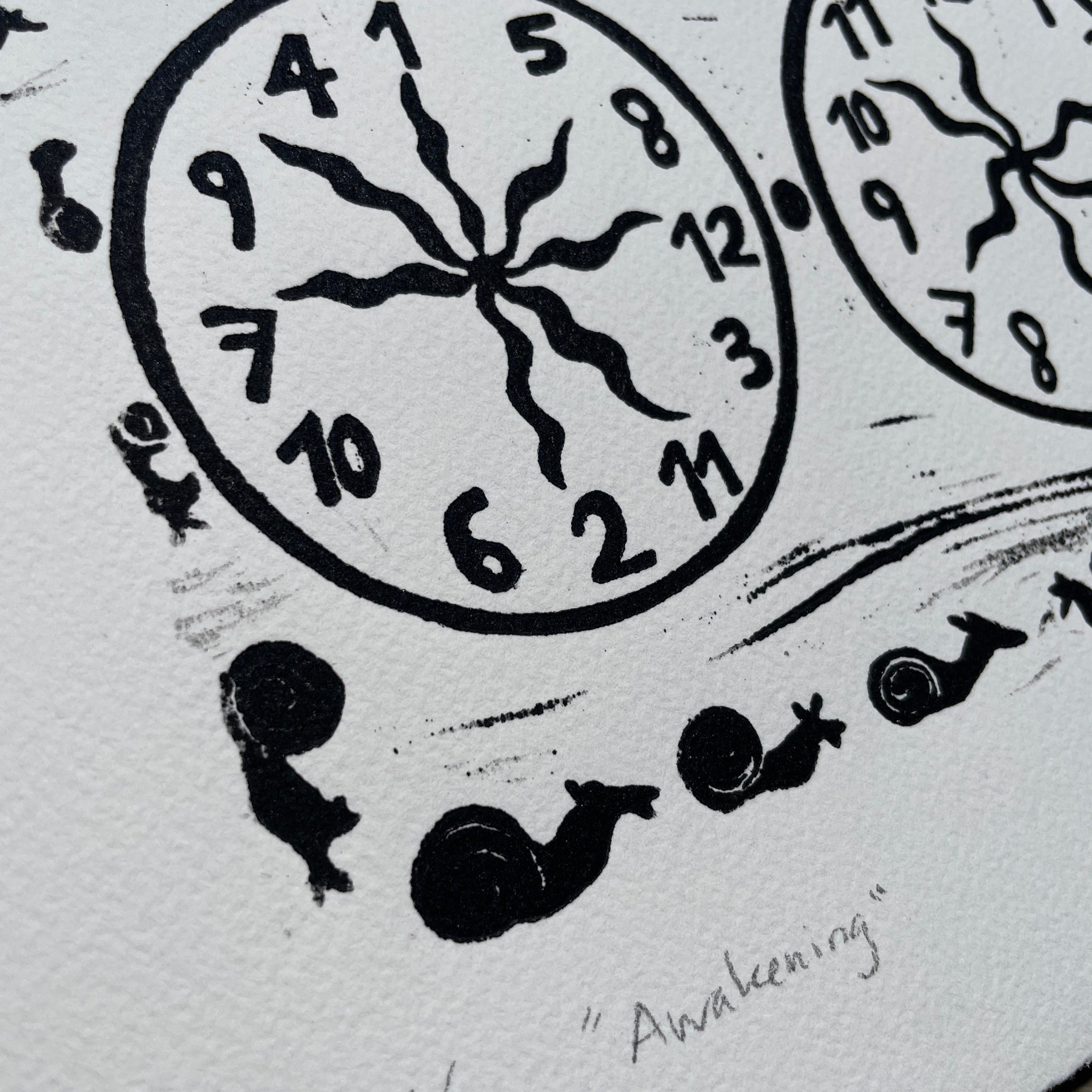Black and white illustration of a clock with numbers and snails, titled 'Awakening'.