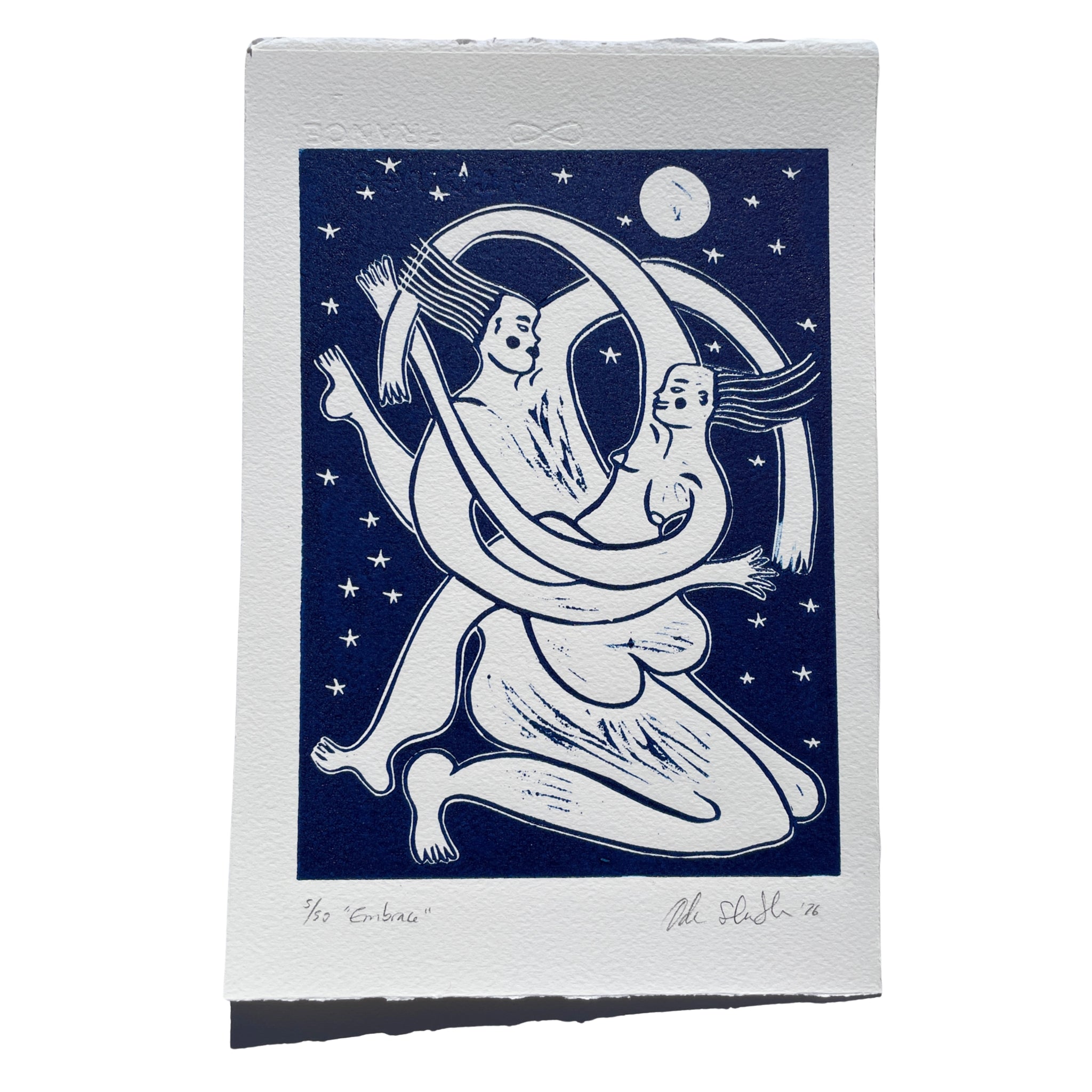 Print of two abstract figures embracing with a crescent moon and stars on a blue background