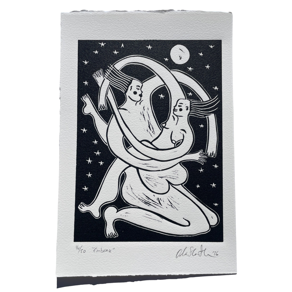 Black and white illustration of a couple embracing under a moonlit sky on a textured paper background.