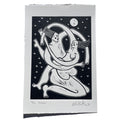 Black and white illustration of a couple embracing under a moonlit sky on a textured paper background.