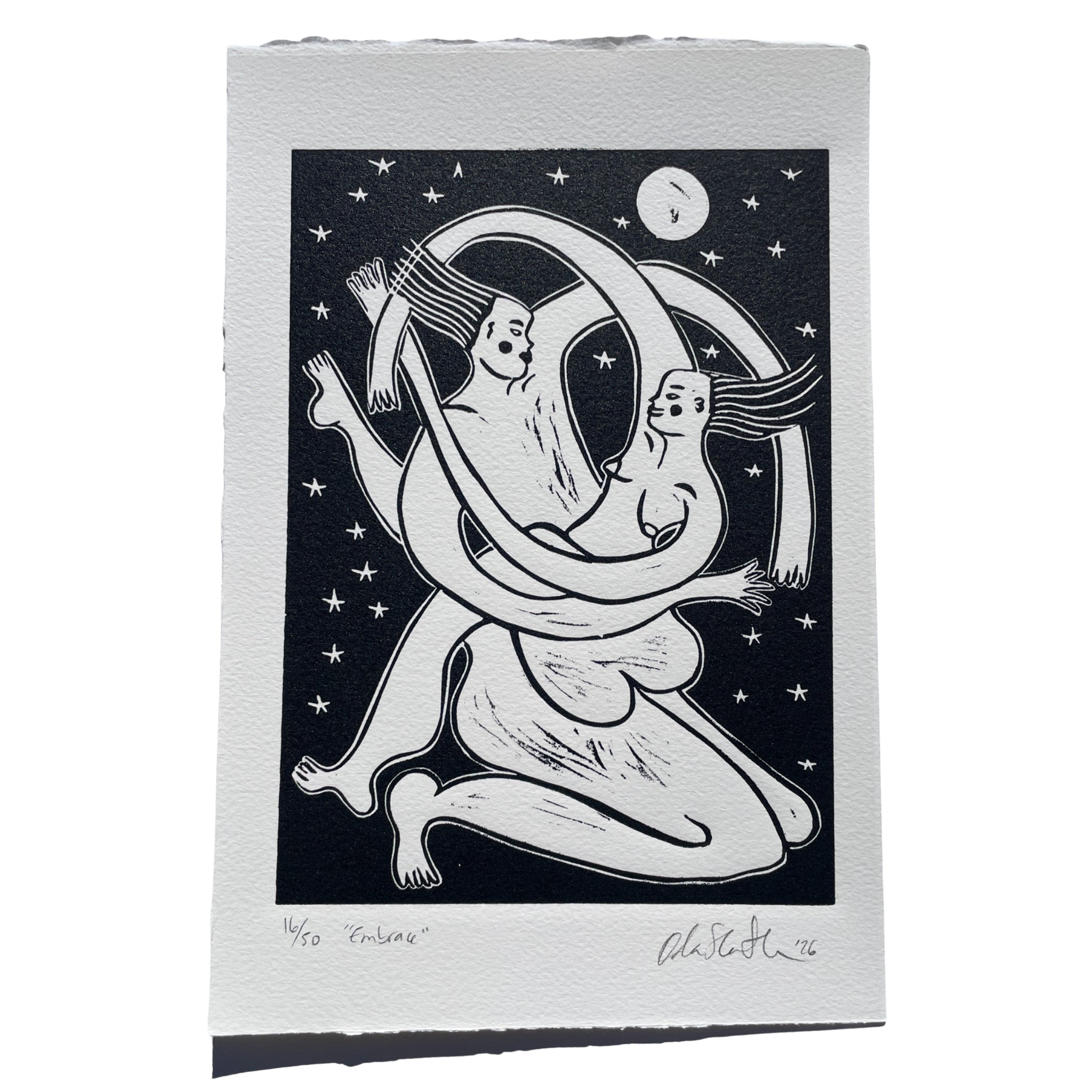Black and white illustration of a couple embracing under a moonlit sky on a textured paper background.