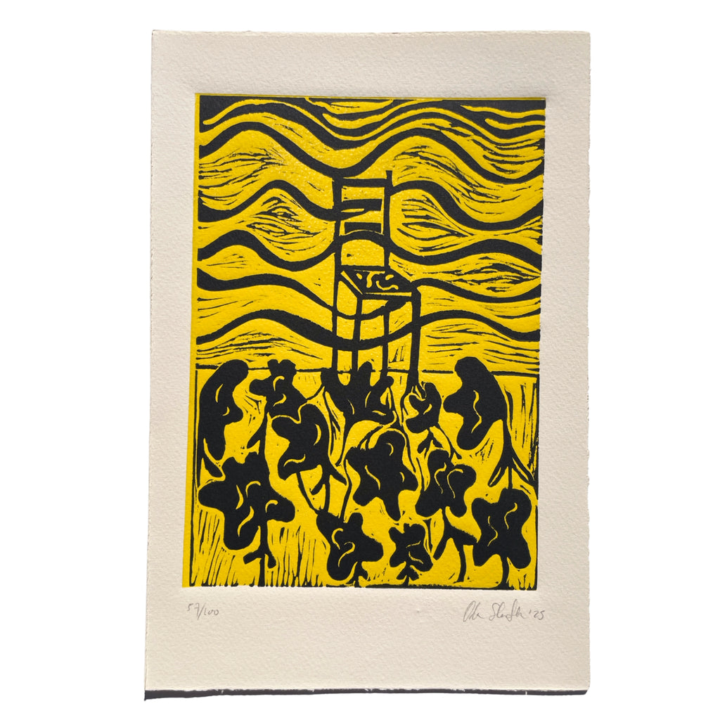 Artwork with black chair and flowers on a yellow background, on white background