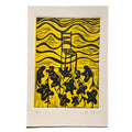 Artwork with black chair and flowers on a yellow background, on white background