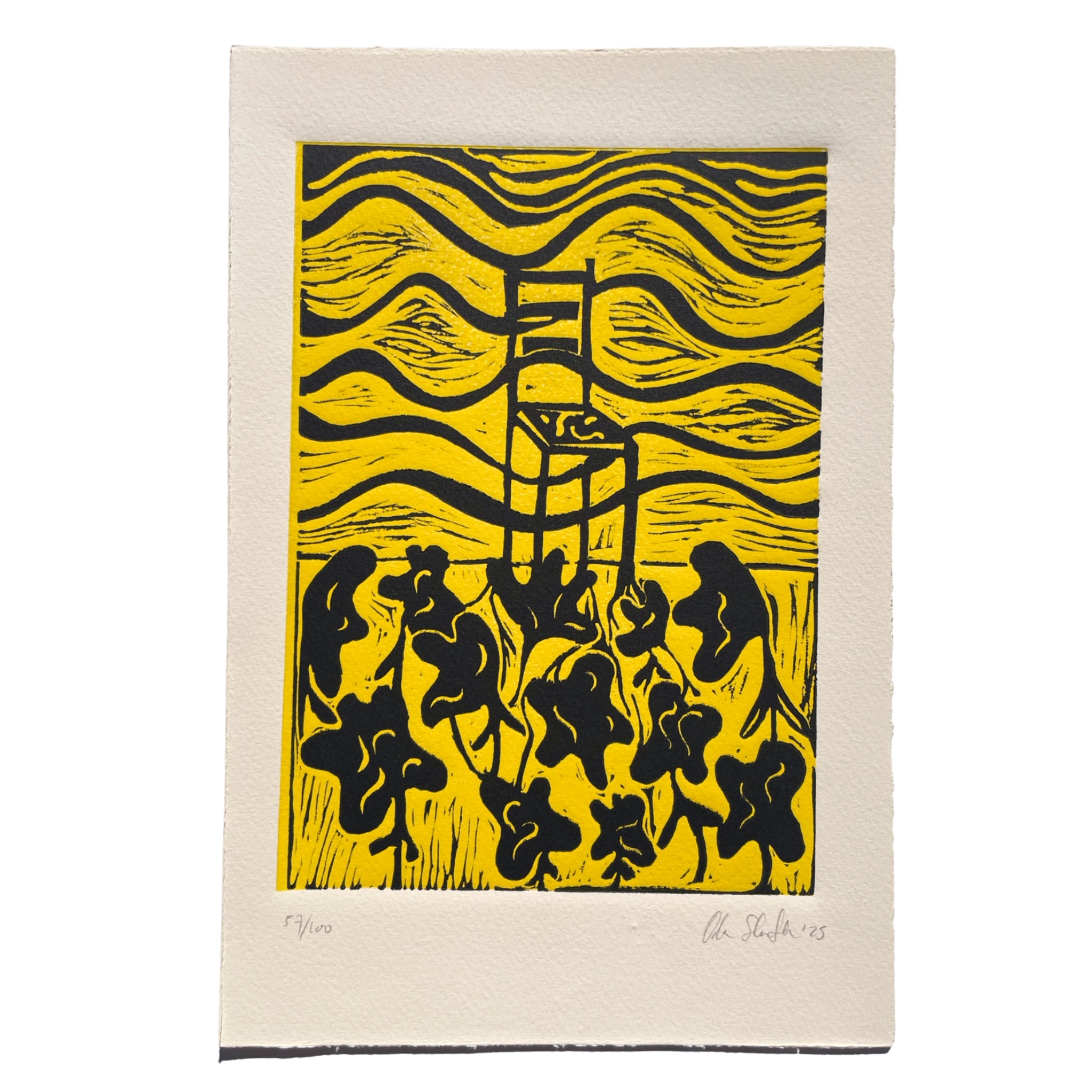 Artwork with black chair and flowers on a yellow background, on white background