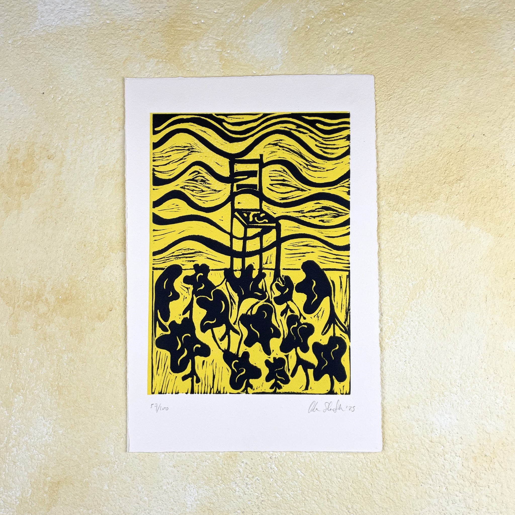 Two-colour yellow and black linocut "Chair" with a chair, ornamental waves and flowers