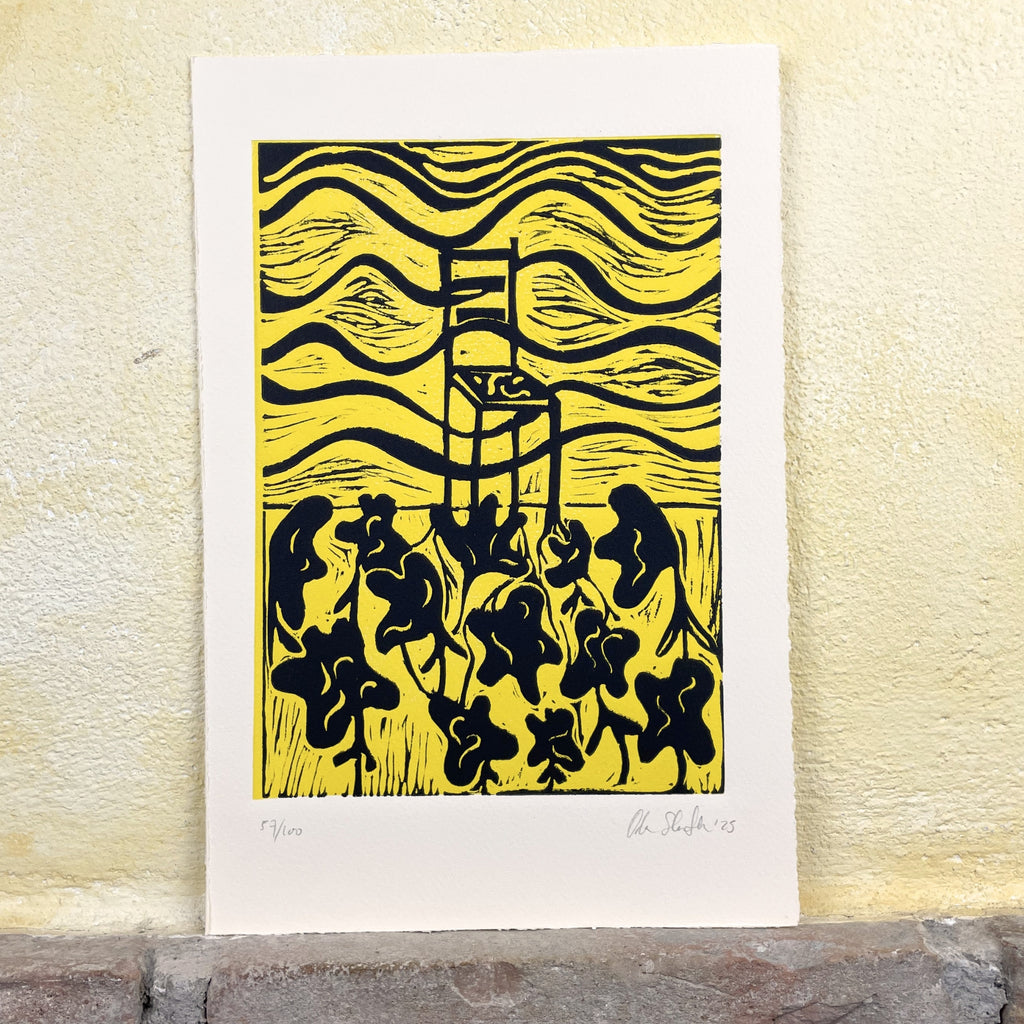 Artwork with black and yellow design on a textured wall featuring a chair and flowers