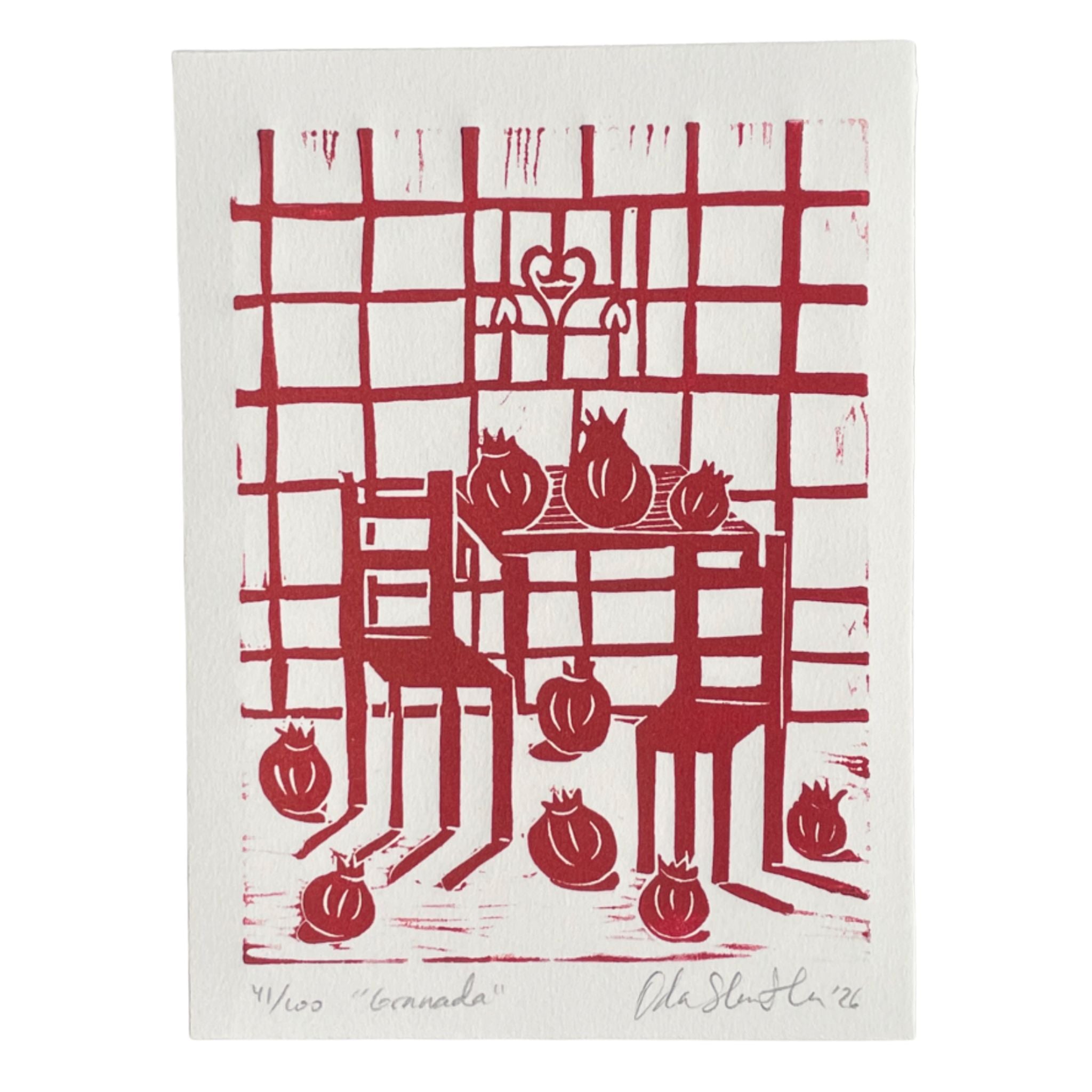 Still-life linocut "Granadas" with pomegranates on a kitchen table and chequered tiled wall, in red color