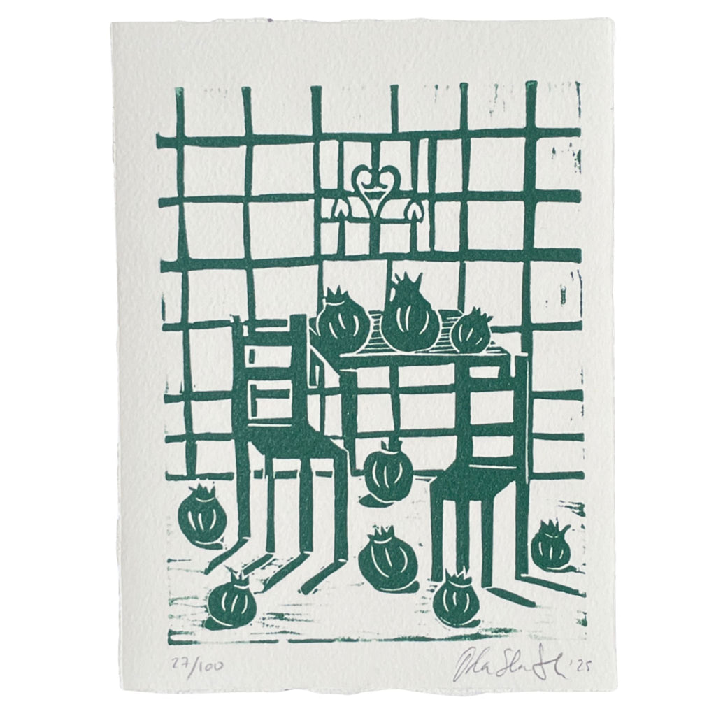 Still-life linocut "Granadas" with pomegranates on a kitchen table and chequered tiled wall, in green color