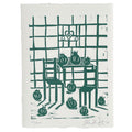 Still-life linocut "Granadas" with pomegranates on a kitchen table and chequered tiled wall, in green color