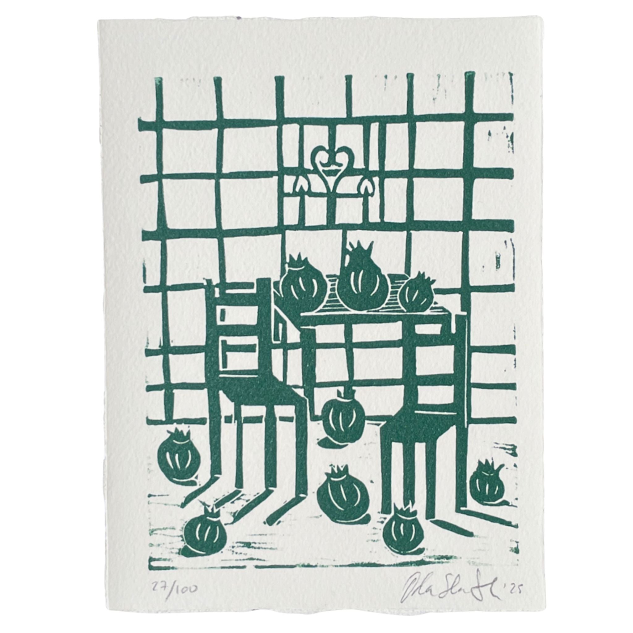 Still-life linocut "Granadas" with pomegranates on a kitchen table and chequered tiled wall, in green color