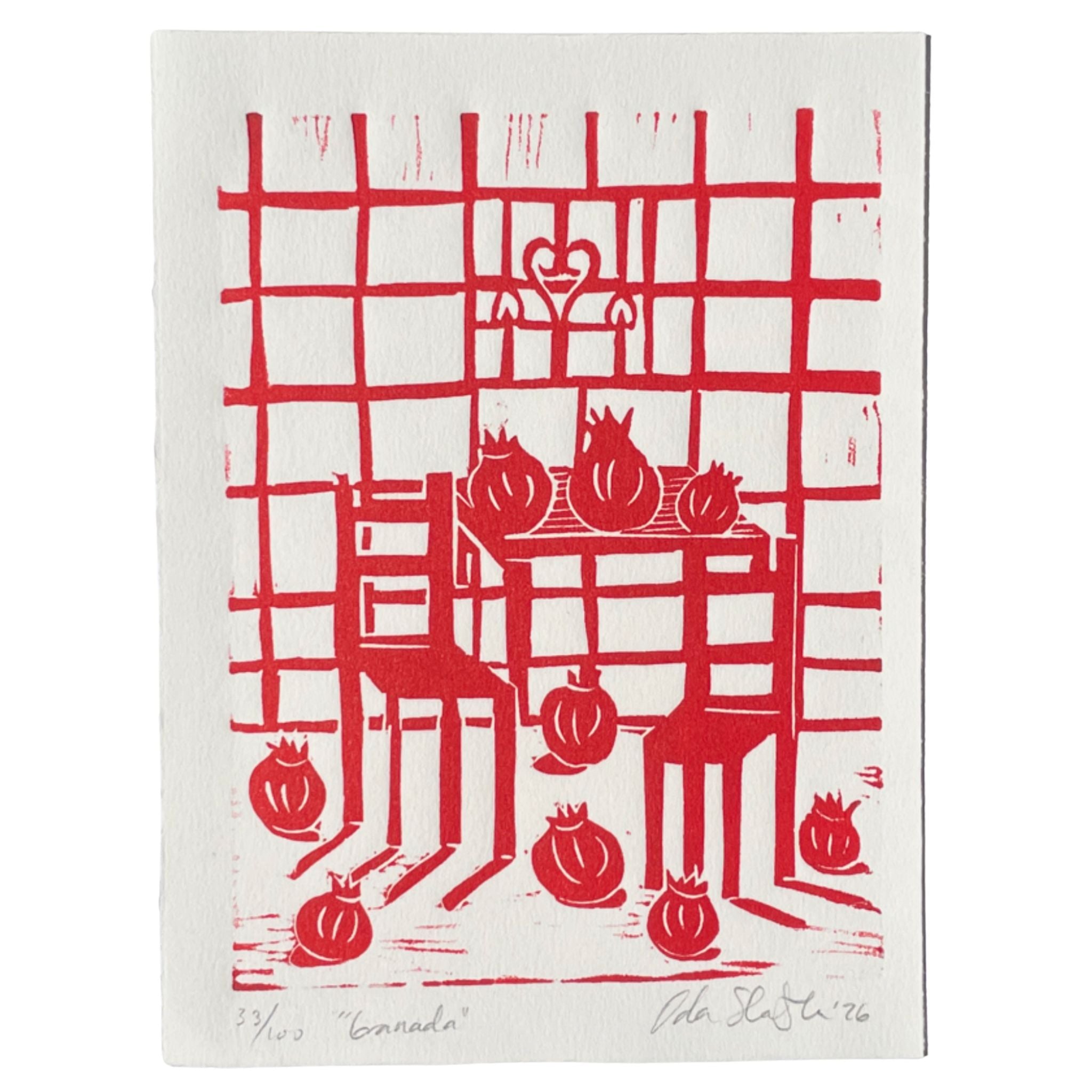Still-life linocut "Granadas" with pomegranates on a kitchen table and chequered tiled wall, in bright red color