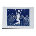 Art print with a stylized figure in a mountainous landscape, featuring blue and white colors.