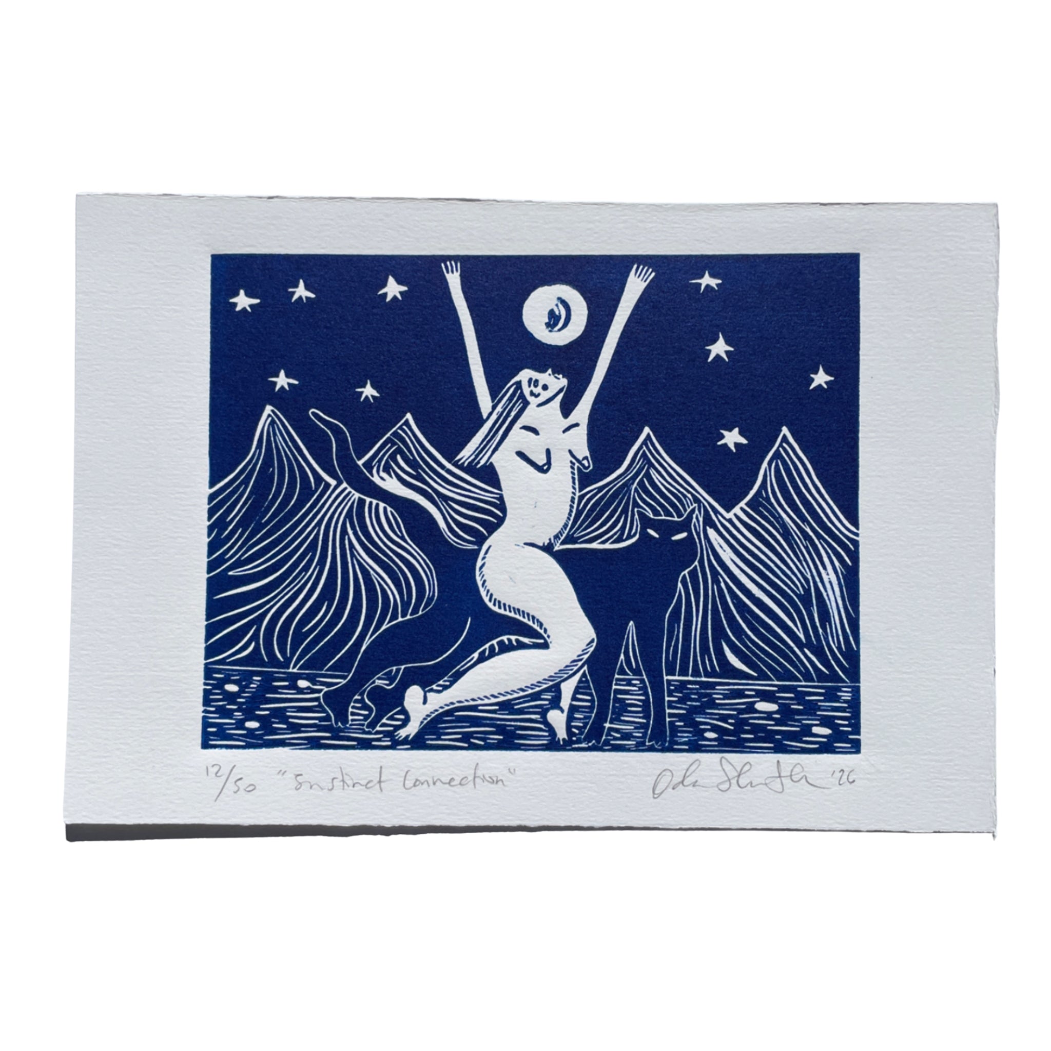 Art print with a stylized figure in a mountainous landscape, featuring blue and white colors.