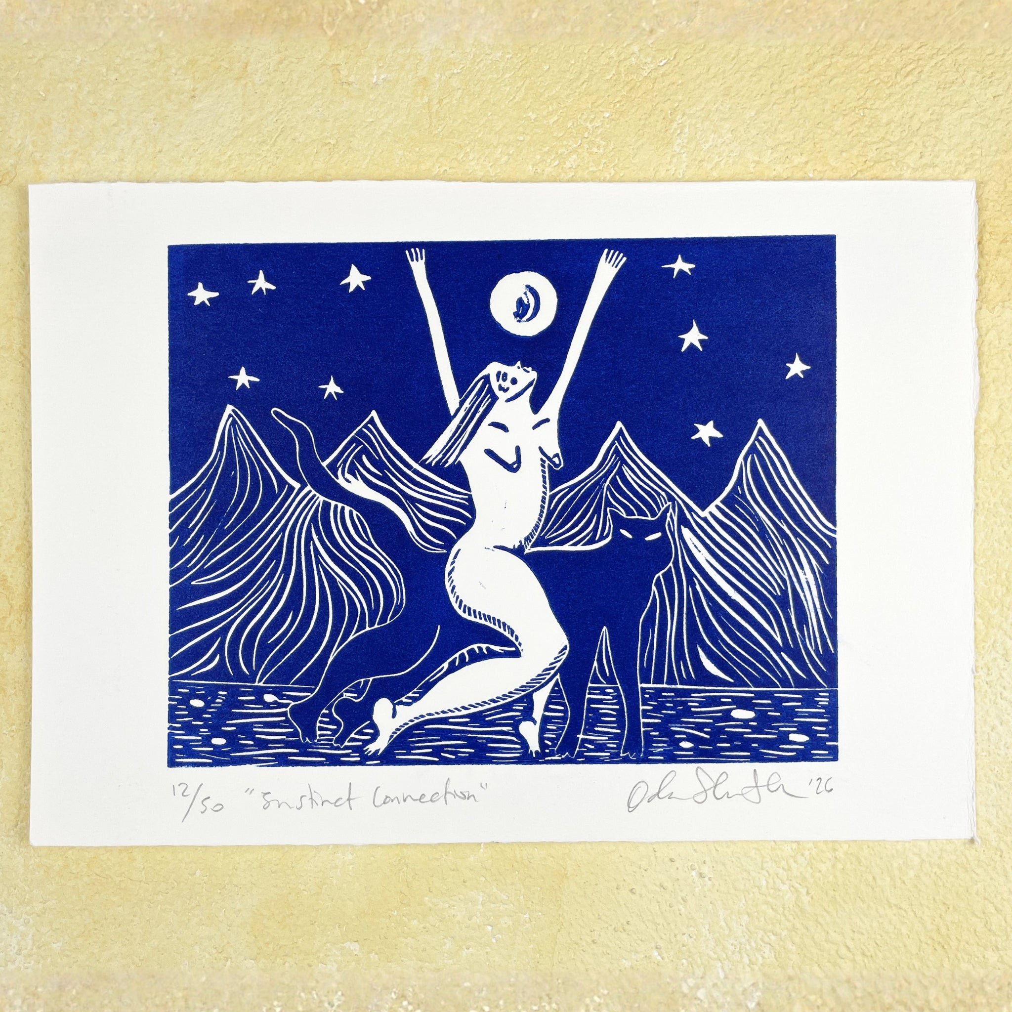 Blue and white illustration of a person on a pangther with mountains and stars in the background, framed by a yellow border.