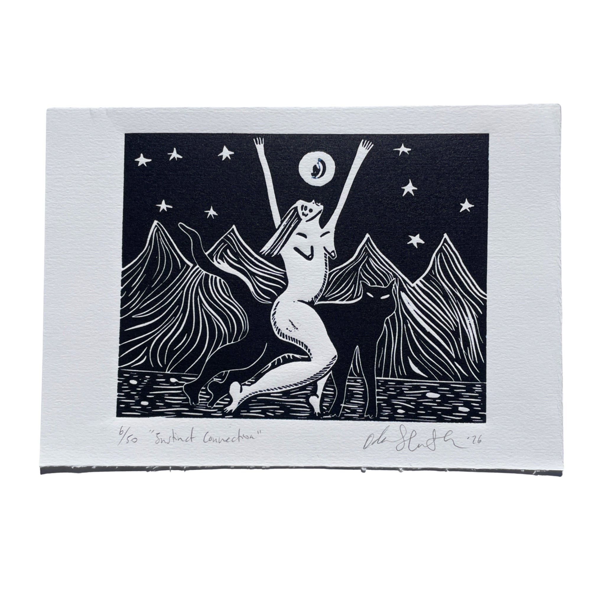 Black and white illustration of a person with outstretched arms against a mountainous landscape at night.