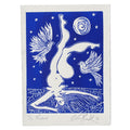 White silhouette of a person with birds and celestial elements on a blue background