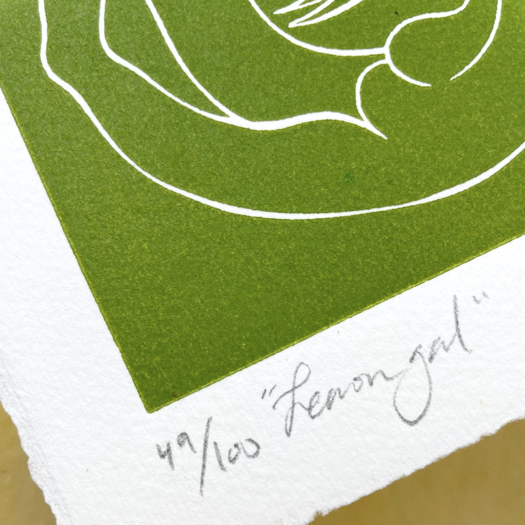 Green abstract design with white lines on a textured white background, signed 'Lemon gal'.