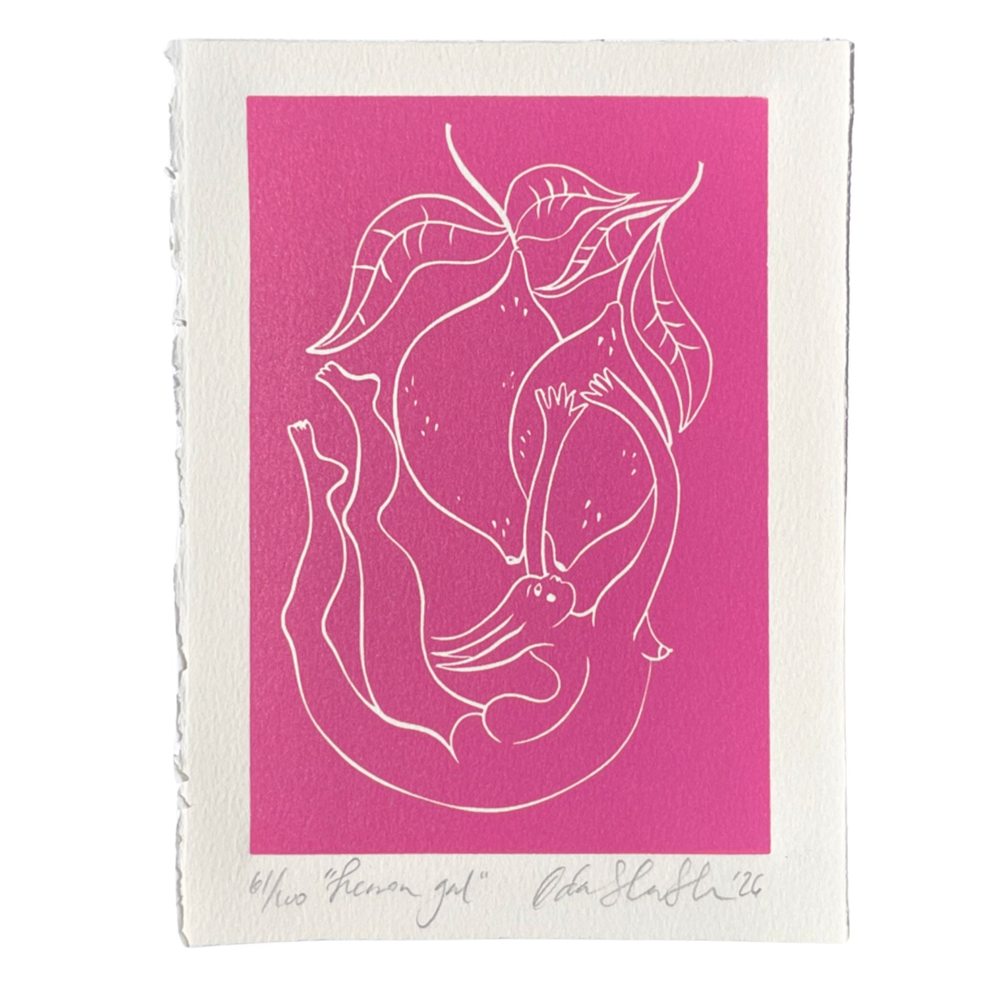 Pink linocut "Lemon Gal", a fairy-like woman hanging from lemons 