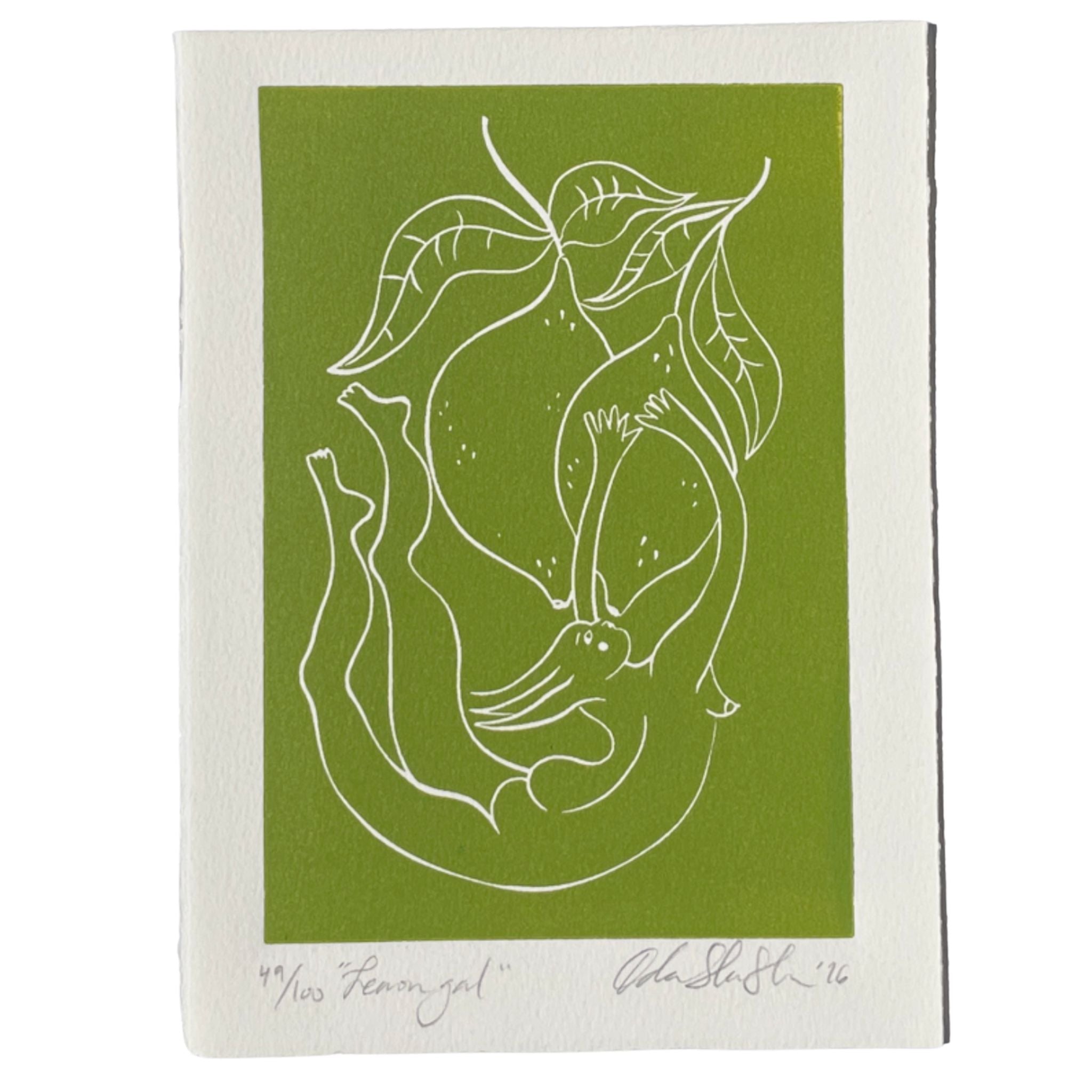 Green linocut "Lemon Gal", a fairy-like woman hanging from lemons.