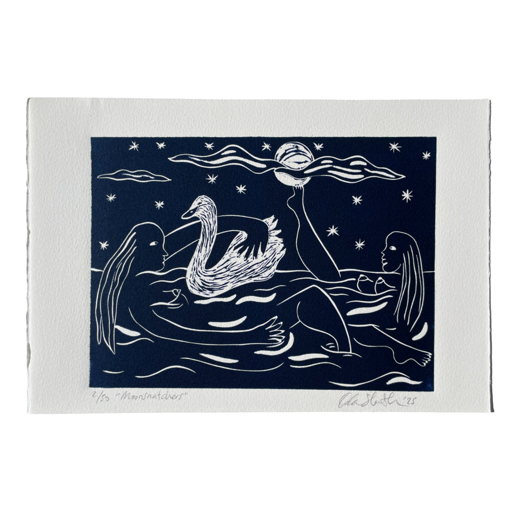 Linocut "Moonsnatchers", two women bathing in water with a swan in peaceful harmony