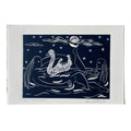 Linocut "Moonsnatchers", two women bathing in water with a swan in peaceful harmony