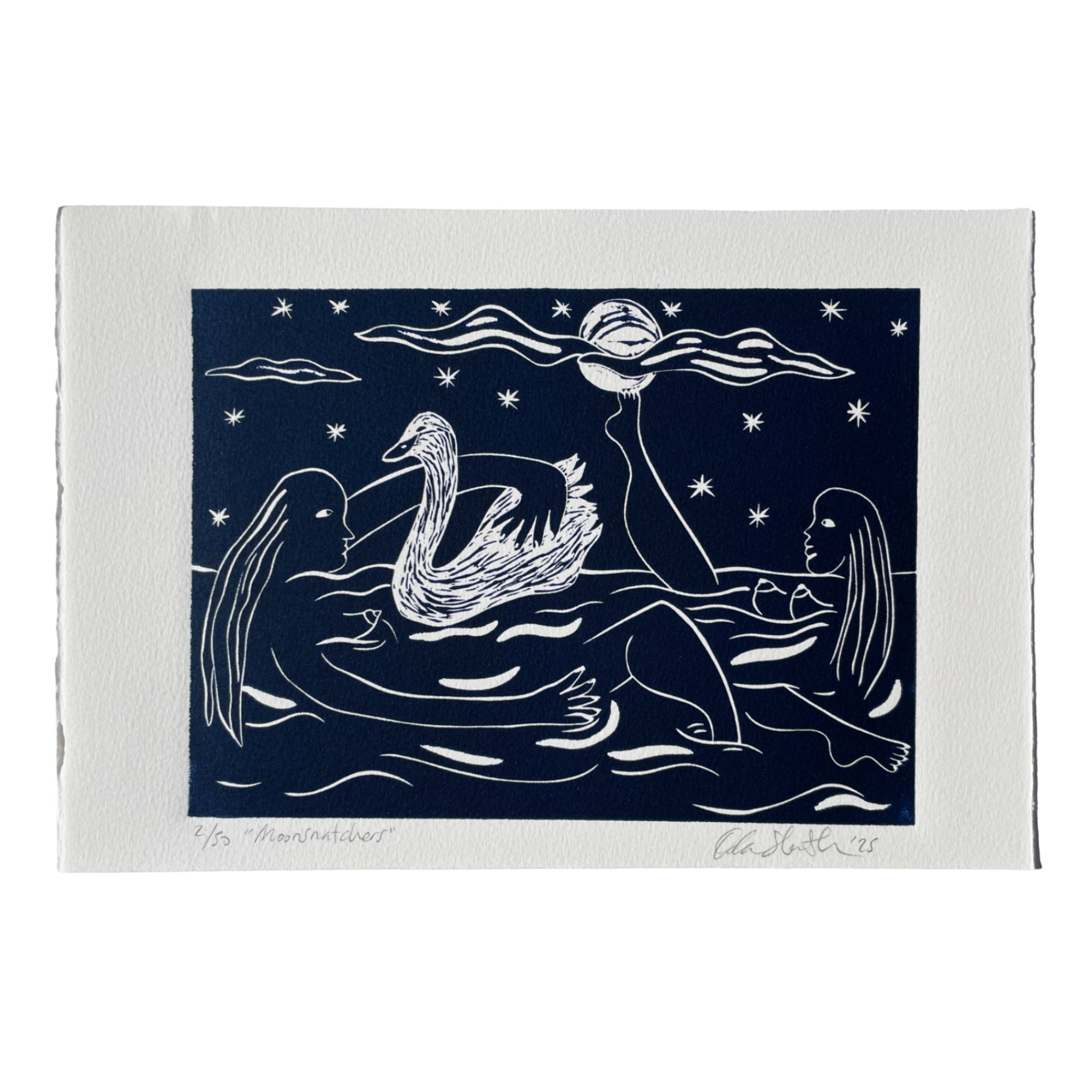 Linocut "Moonsnatchers", two women bathing in water with a swan in peaceful harmony