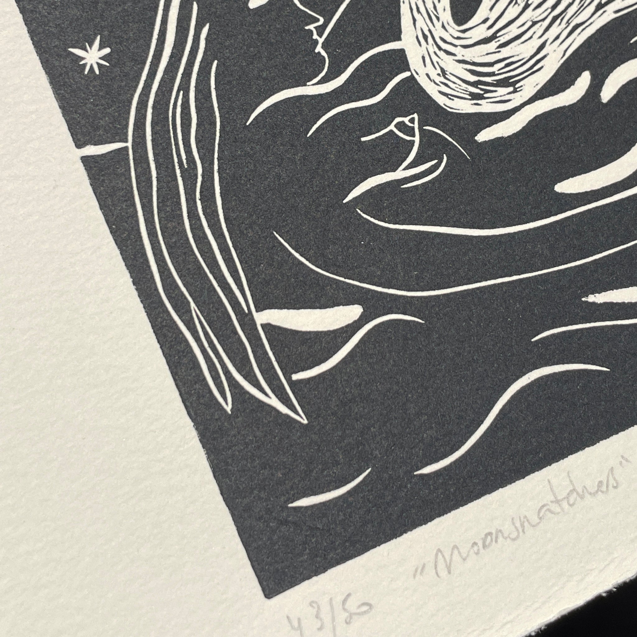 Artistic depiction of a person with flowing hair and a starry night sky, printed in white on a dark background.