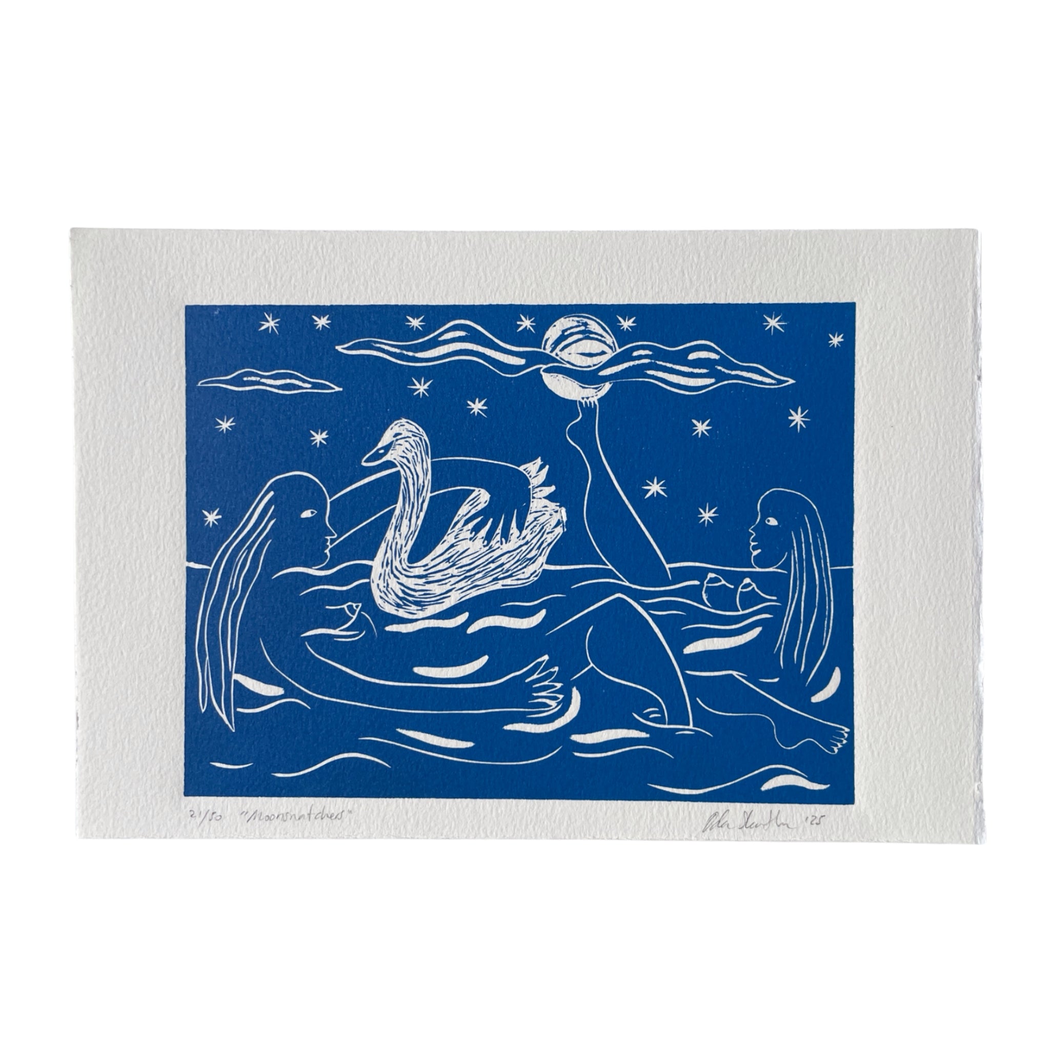 Light blue linocut "Moonsnatchers", two women bathing in water with a swan in peaceful harmony