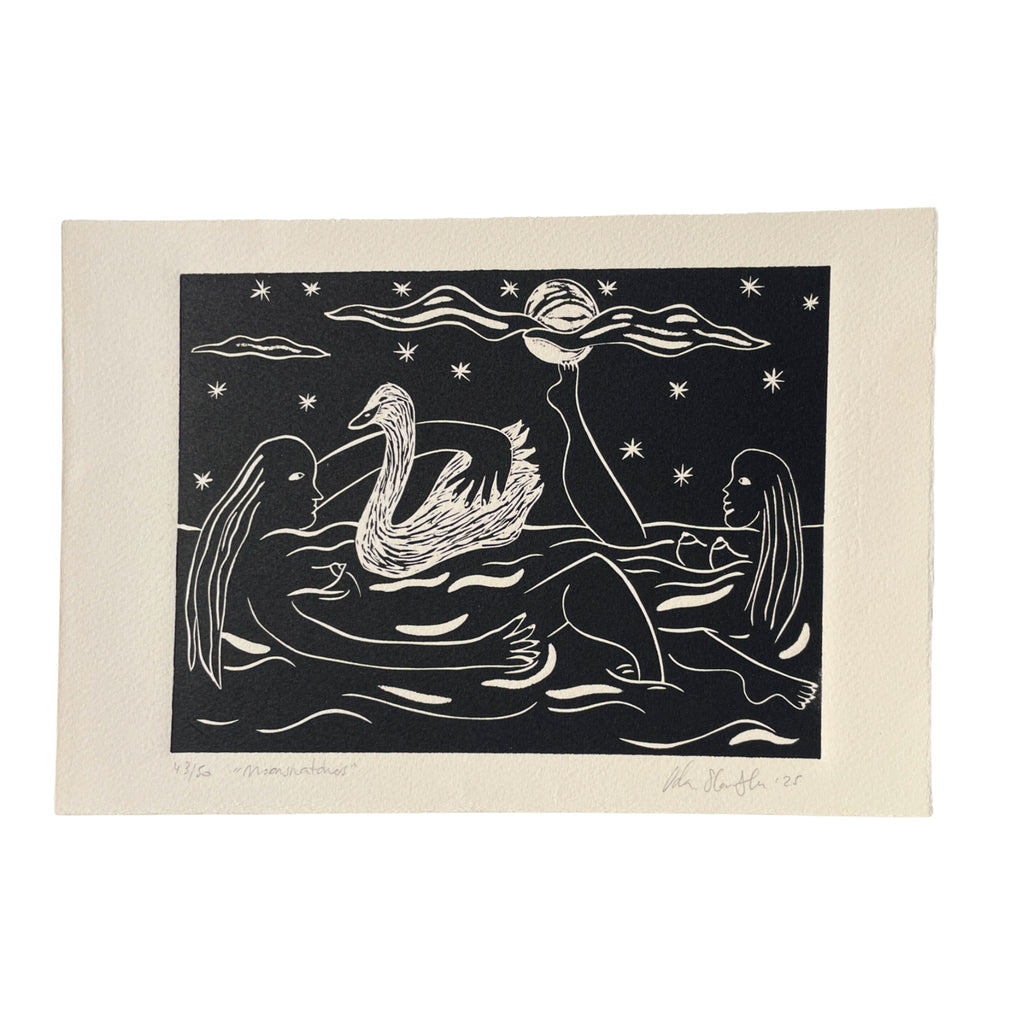 Black and white illustration of a swan and two woman with stars and clouds in the background.