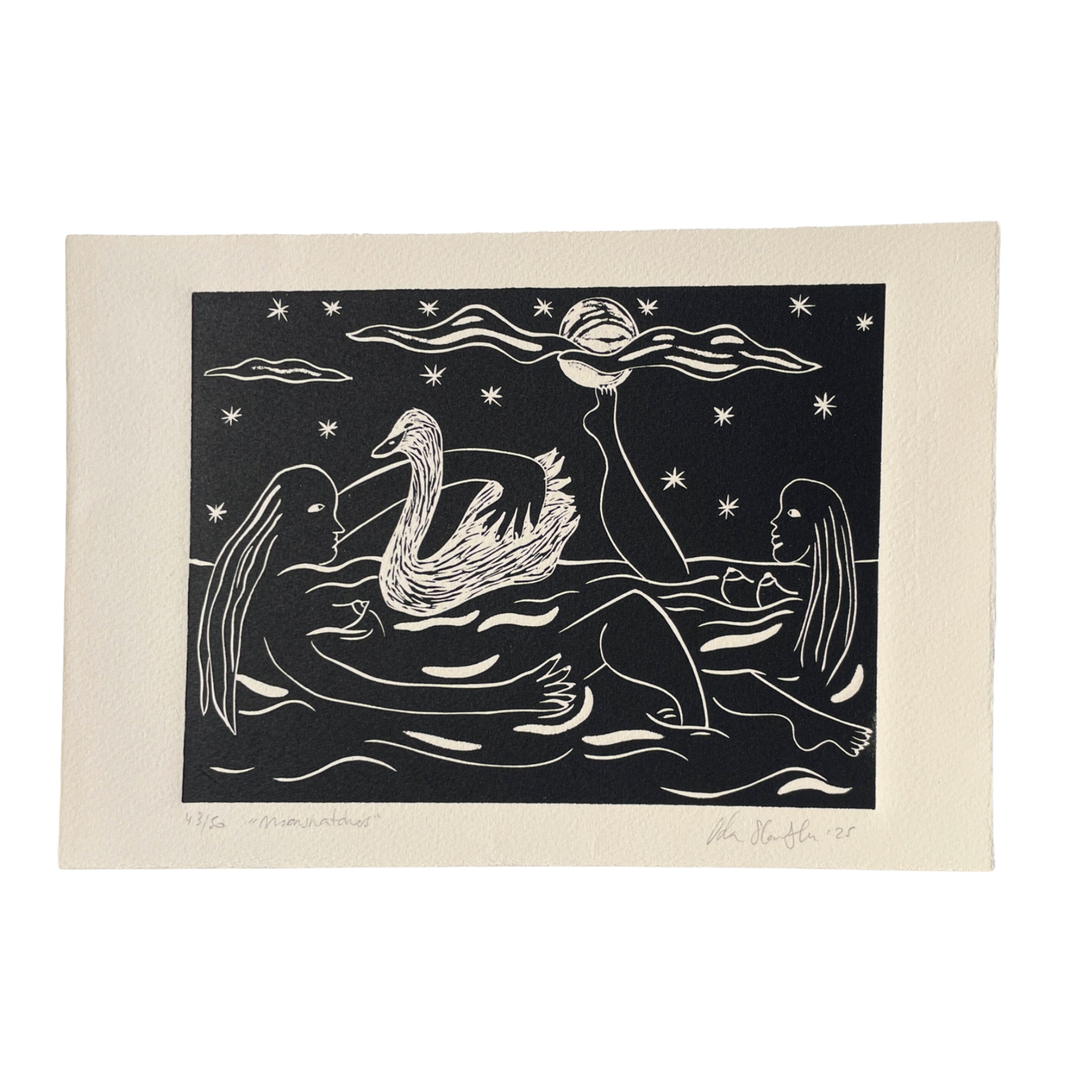 Black and white illustration of a swan and two woman with stars and clouds in the background.