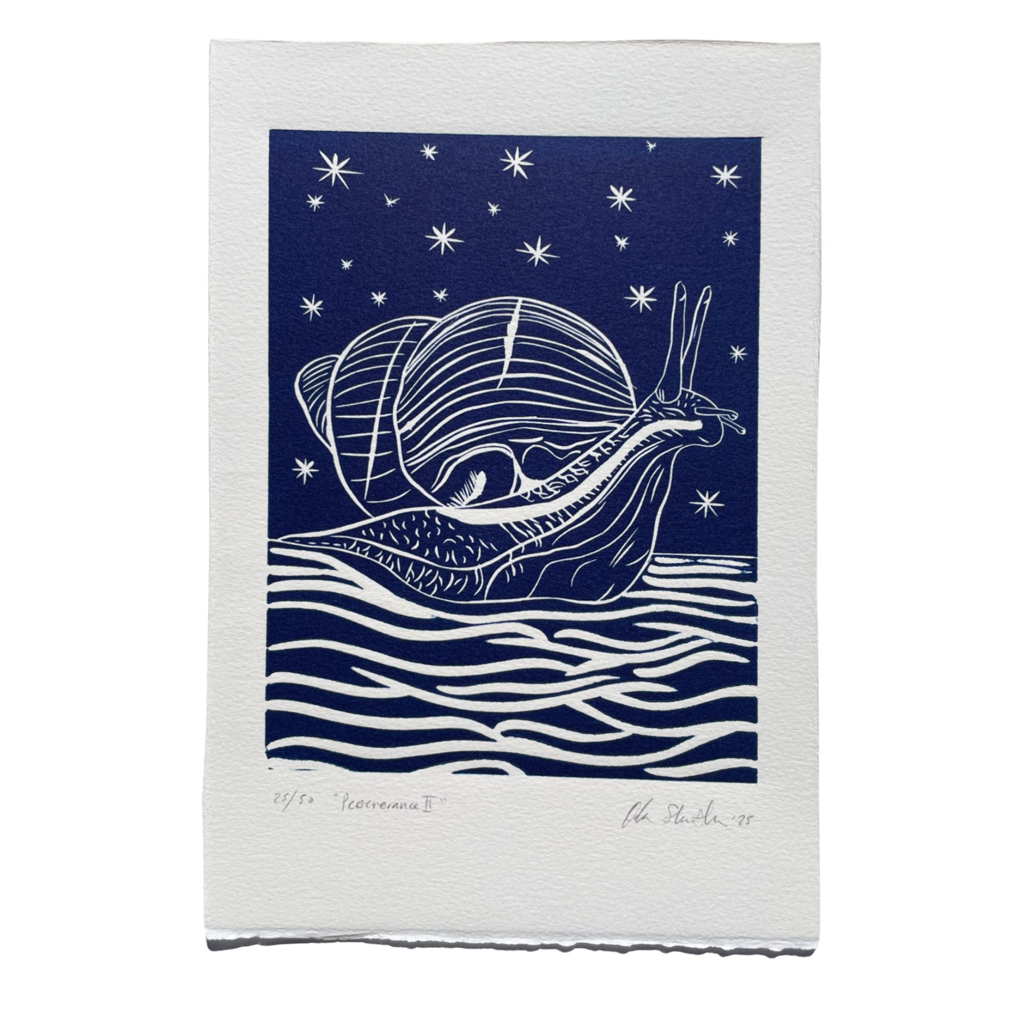 Art print of a snail in a shell on a blue background with stars and waves.