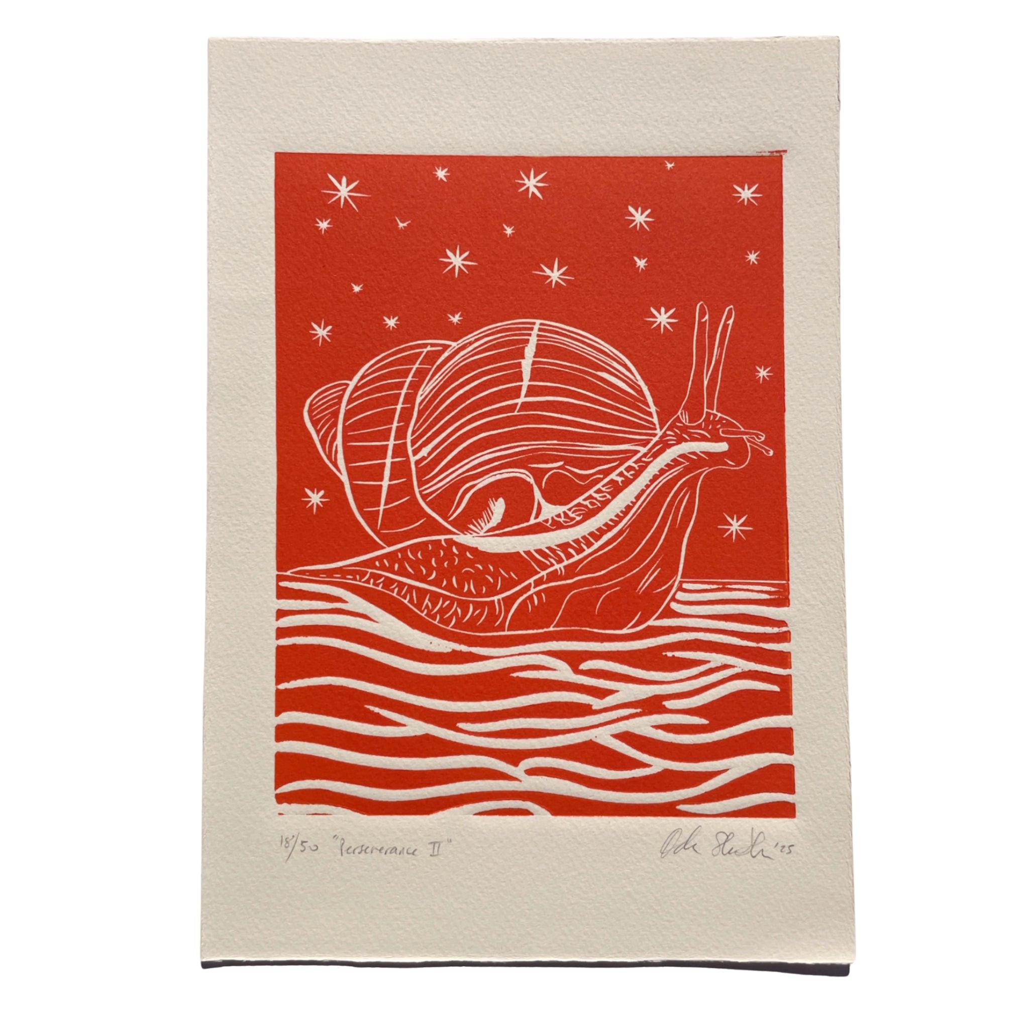 Orange linocut "Perseverance" with a snail, a symbol of patience over speed