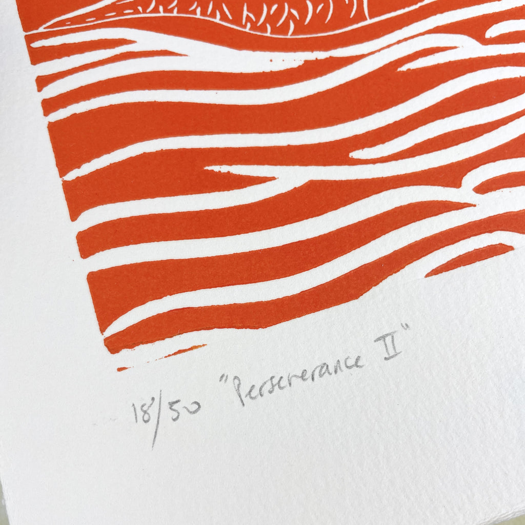 Artistic print with wavy orange lines on a white background, signed 'Perseverance II'.