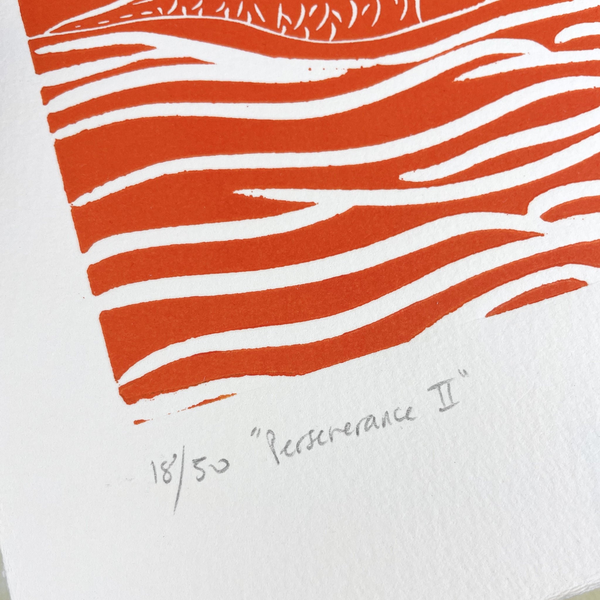 Artistic print with wavy orange lines on a white background, signed 'Perseverance II'.
