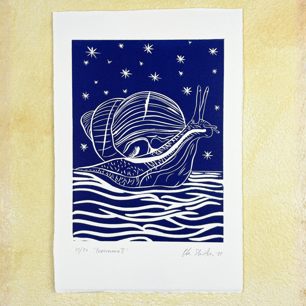 Blue linocut "Perseverance" with a snail, a symbol of patience over speed, on stary background