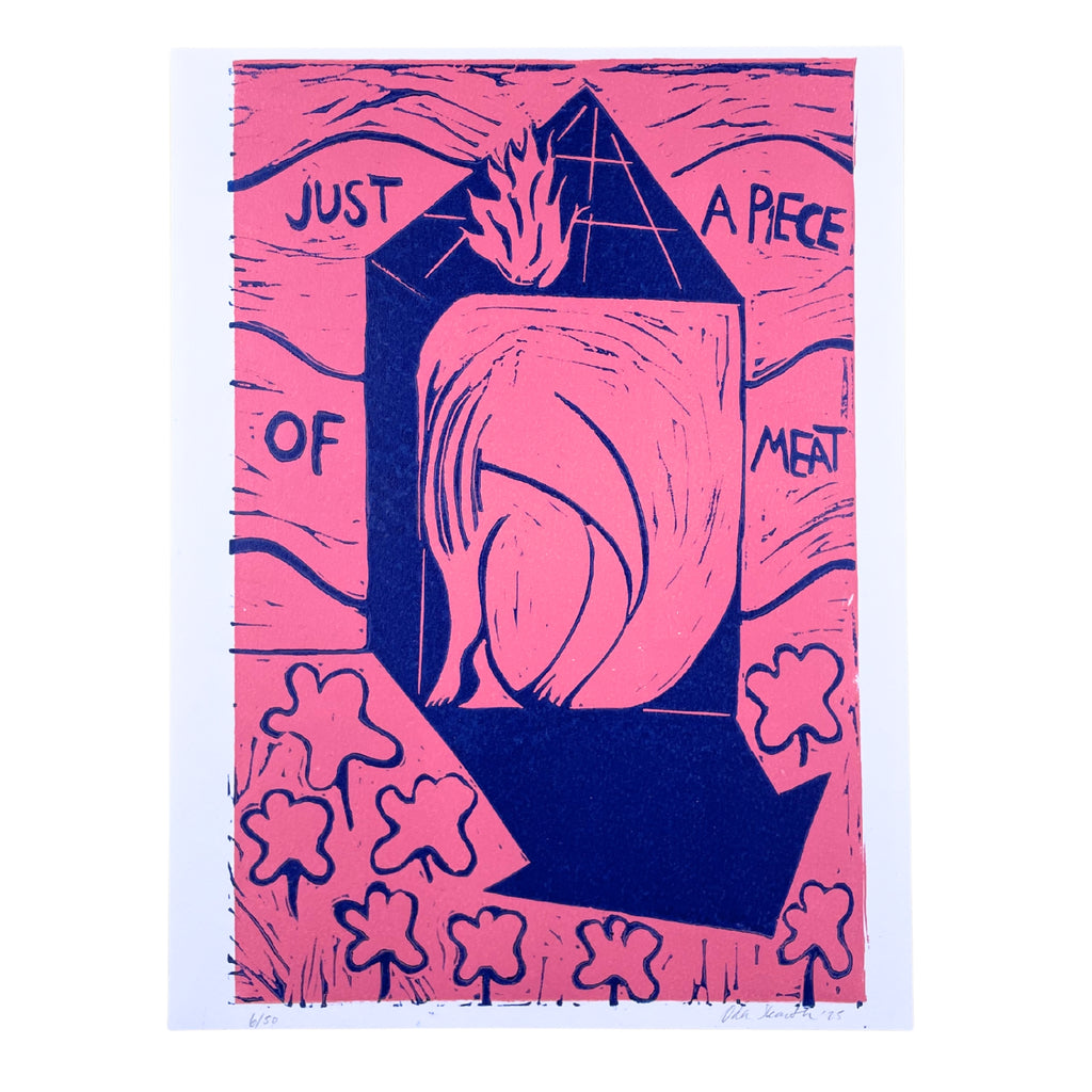 Artistic print with a stylized illustration of a woman in a tiny house, text, and abstract shapes on a pink background.