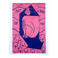 Artistic print with a stylized illustration of a woman in a tiny house, text, and abstract shapes on a pink background.