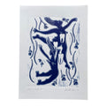 Blue figurative linocut "Teeth II" with falling women surrounded by teeth